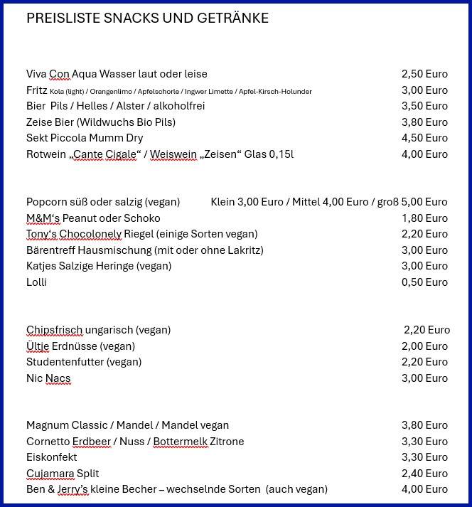 Preisliste Snacks und Getränke
